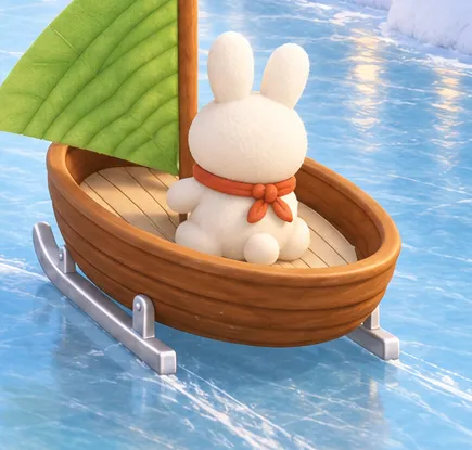 The bunny’s wooden boat fitted with metal runners, sitting on the ice with its leaf sail up.