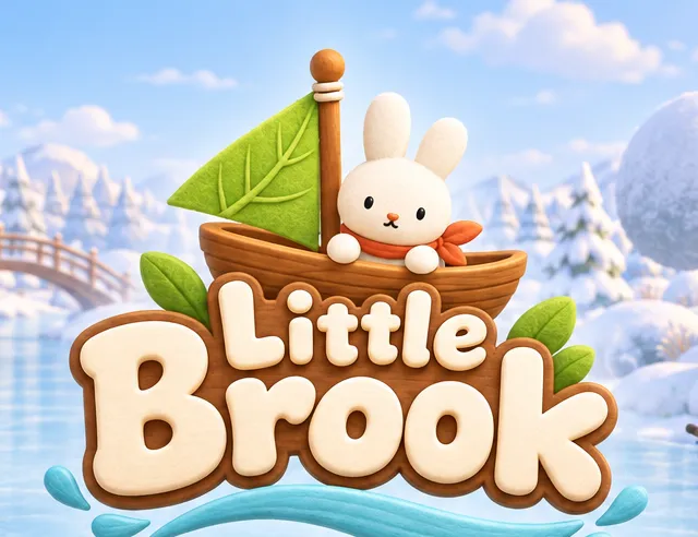 Key art for Little Brook: a frozen brook winding through snowy woods, with a wooden bridge, ducks and an otter on the ice, a lantern-lit picnic table, and the Little Brook logo carved into a boat with a leaf sail.